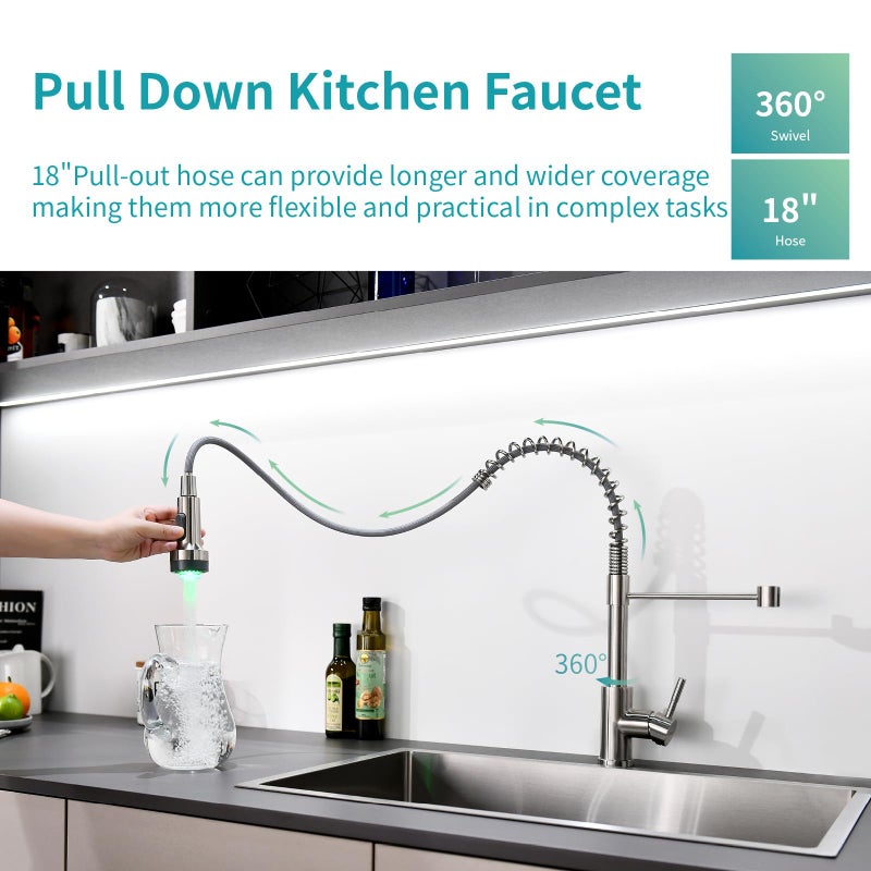 GIMILI Kitchen Faucet with Pull Down Sprayer Single Hole Stainless Steel LED Faucet, Suitable for Farmhouses, RV, Laundry Room, Outdoor, and Campers. Llave para fregadero de cocina Brushed Nickel - Image 5